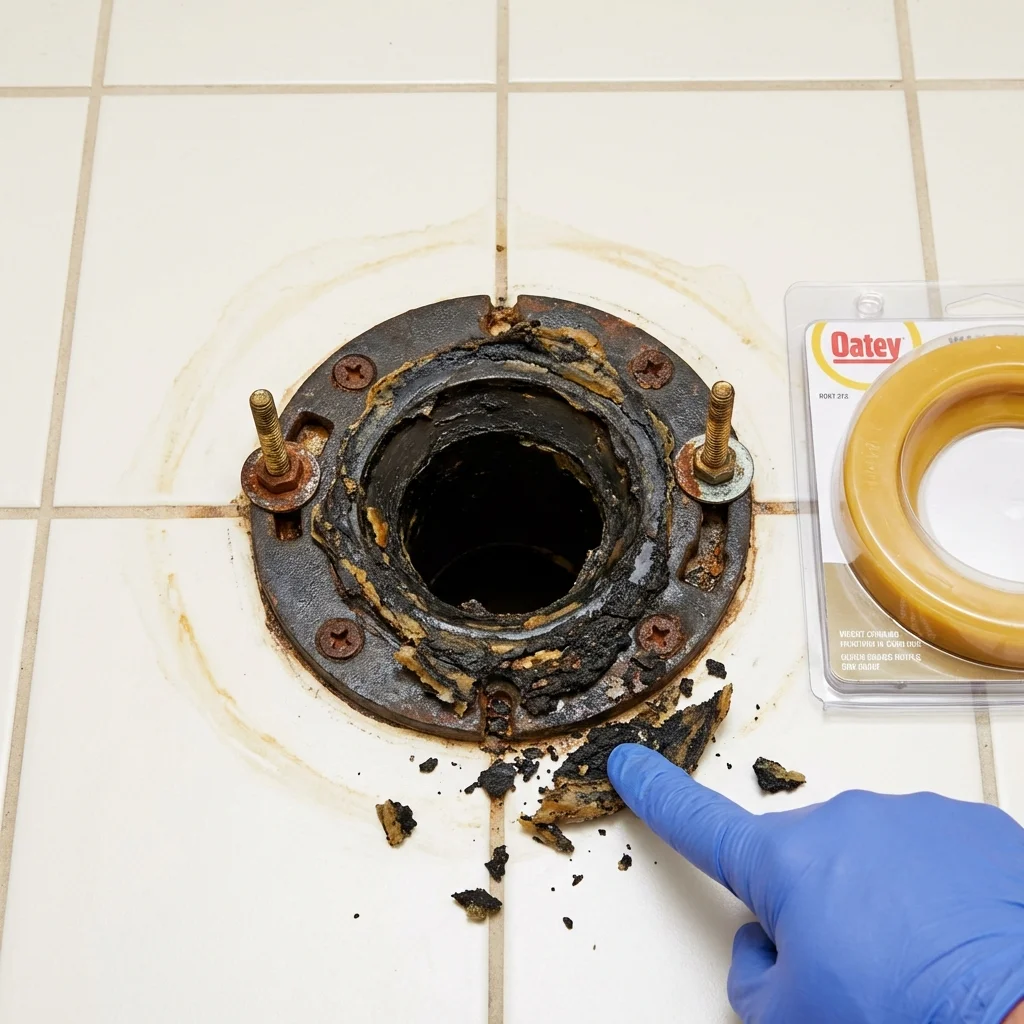 Failed wax ring showing water seepage at the base of a toilet in a Lodi, WI home