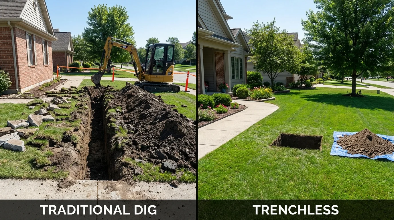Trenchless sewer repair with minimal yard damage versus traditional excavation in Lodi, WI