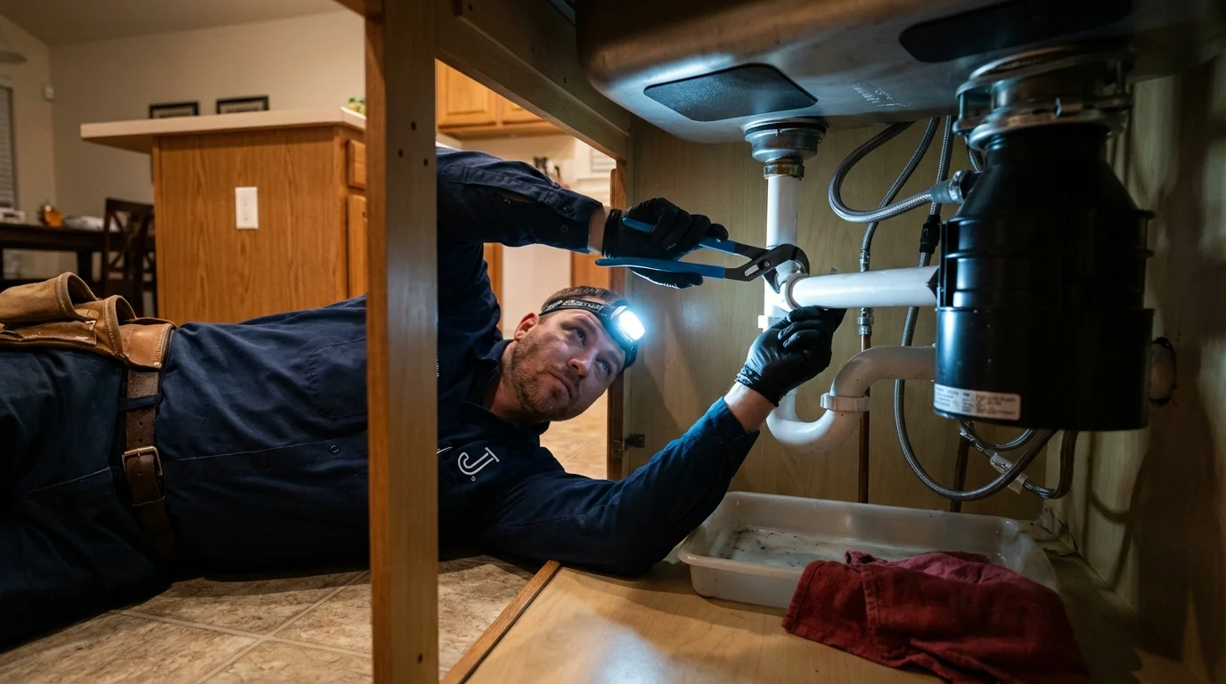 P-trap and supply line connections under a kitchen sink showing a common leak point in Lodi, WI